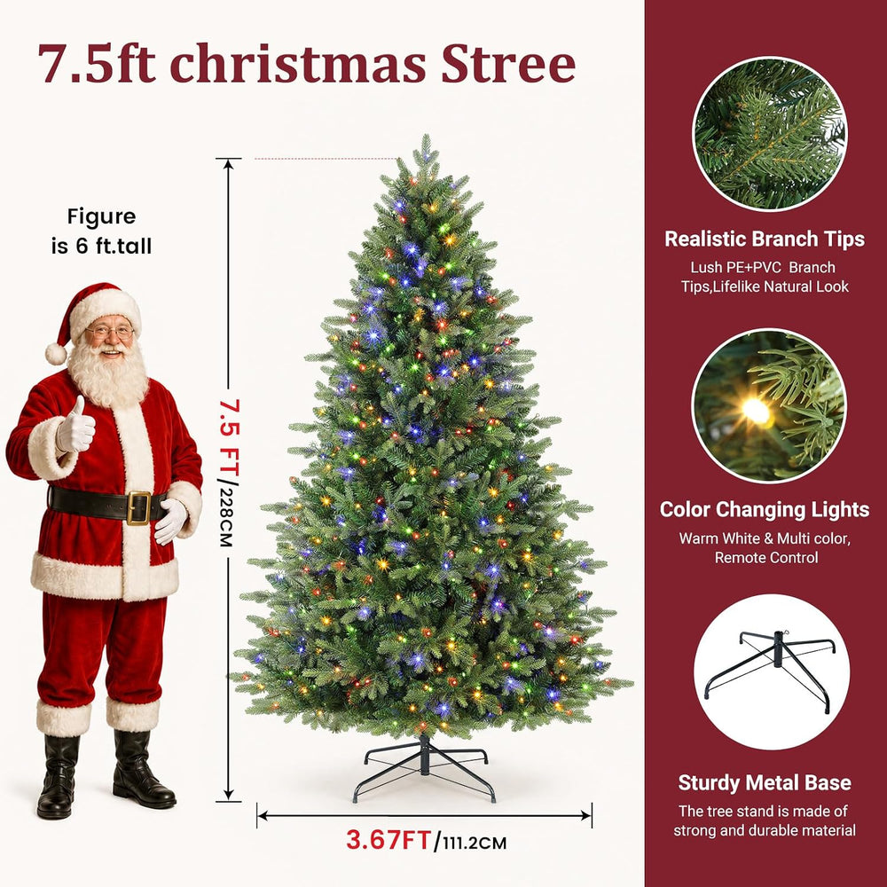 Alupssuc 7.5ft Prelit Artificial Hinged Christmas Tree with Color Lights