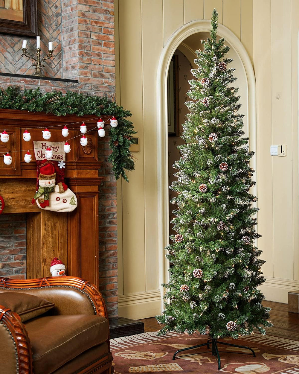 OasisCraft 7ft Snow Pencil Christmas Tree, Pre-lit Artificial Slim Christmas ...