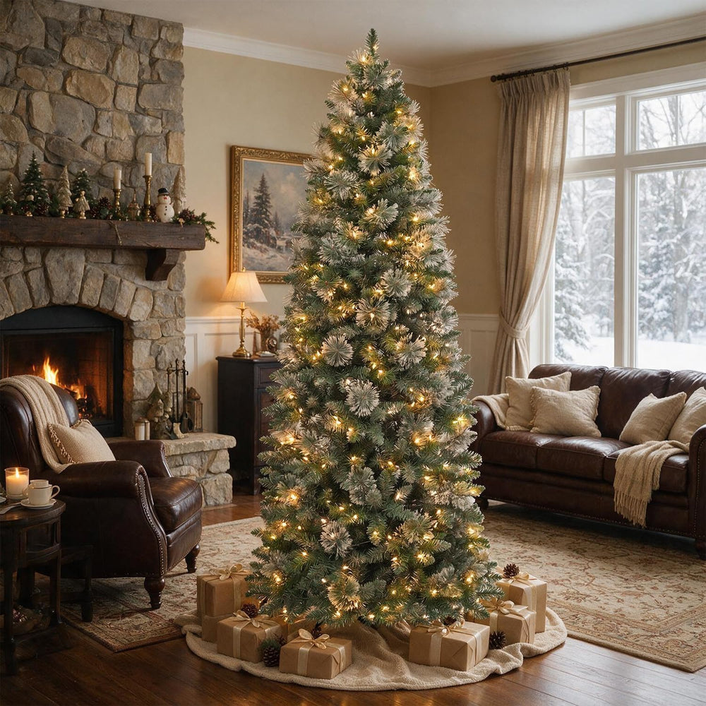 7.5FT Artificial Hinged Prelit Slim Christmas Tree, Pine Needles