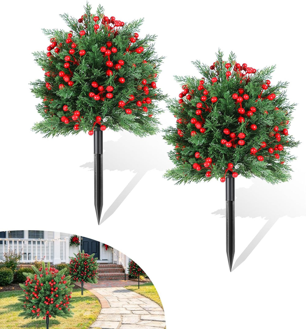 Artificial Christmas Flower Faux Norfolk Pine Berry Topiary Ball with Stake