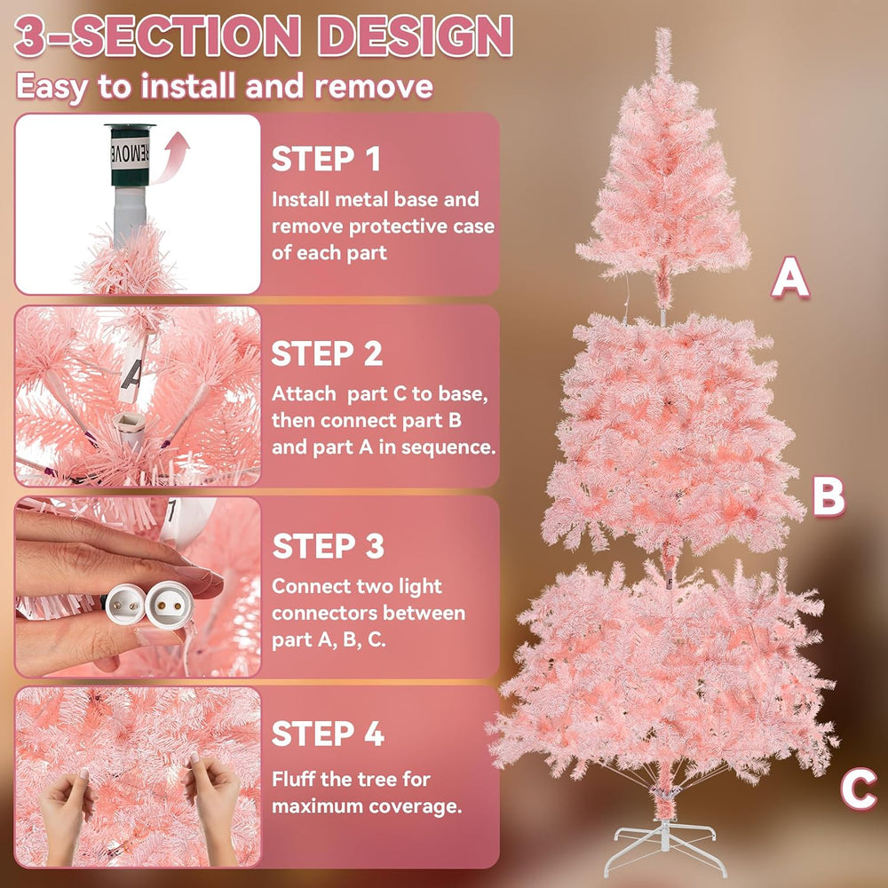 7.5ft Pink Christmas Tree with 600 Warm & Colorful Lights & Storage Bag