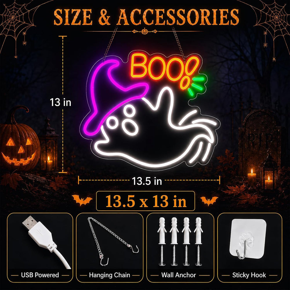 Halloween Neon Sign for Wall Decor, Flashing Halloween Led Sign, Ghost Neon S...