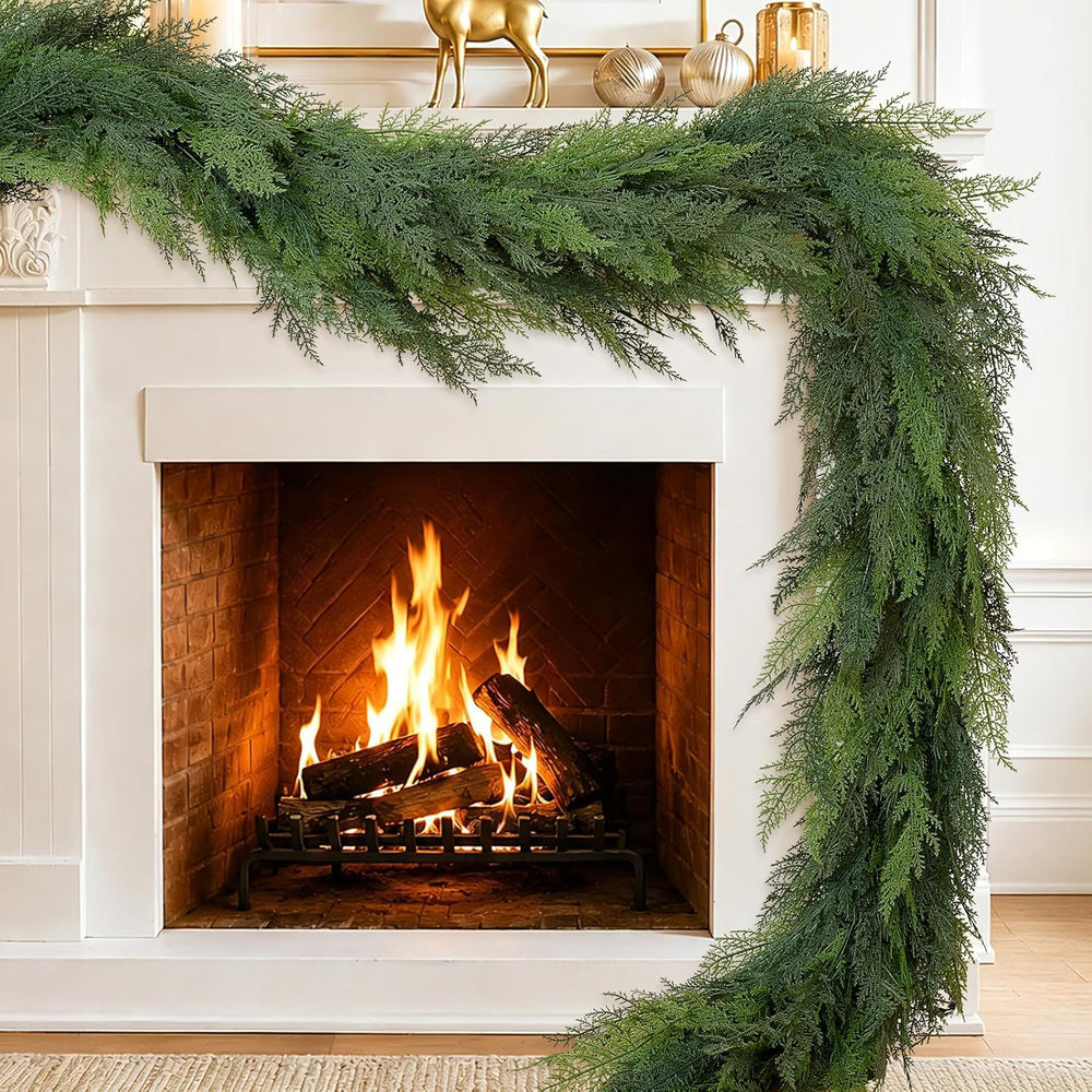 2 Pack 9FT Christmas Cedar Garland with Lights, Faux Greenery Garland