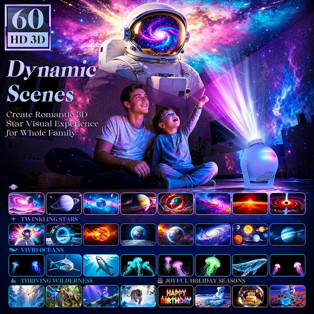 3D Galaxy Projector, 60 HD Dynamic Scenes, Star Light Projector for Home