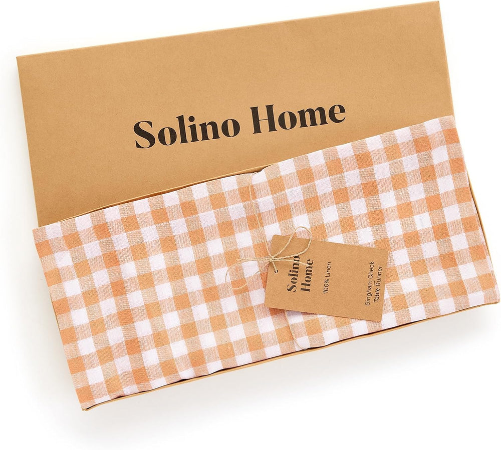 Solino Home 100% Pure Linen Table Runner Apricot, Gingham Check 14 x 90 in