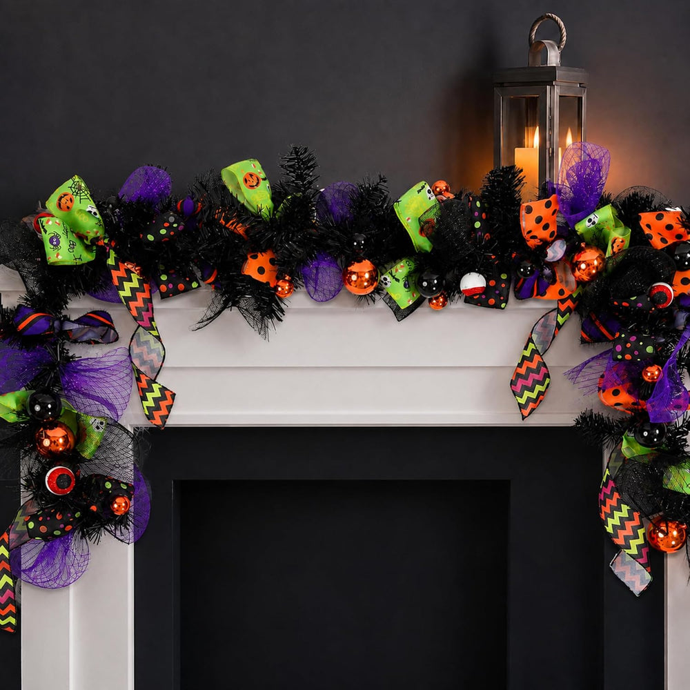 WinnerWhy Halloween Garland for Mantle with Mixed Ball Mesh Ribbon 6ft