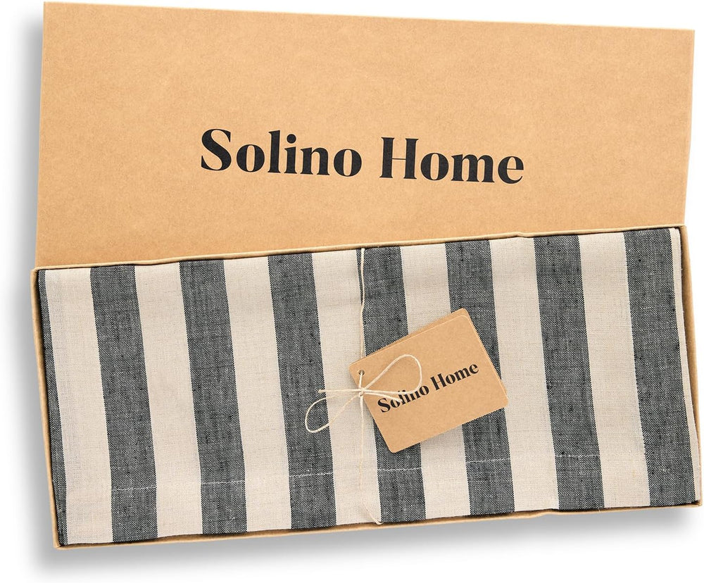 Solino Home 100% Linen Table Runner, 14 x 72 in, Black and Natural Striped