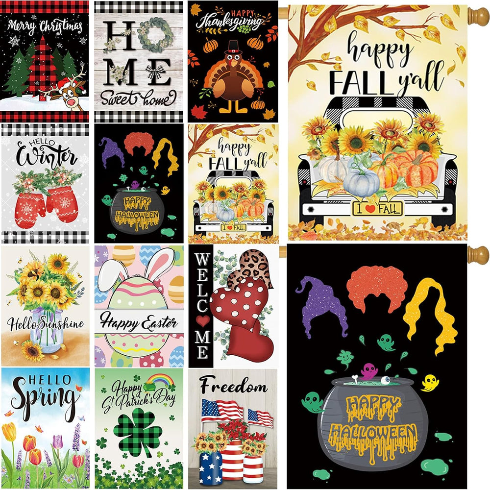 Seasonal Garden Flags Set of 12 Double Sided 28x40 Inch, Large House Flags