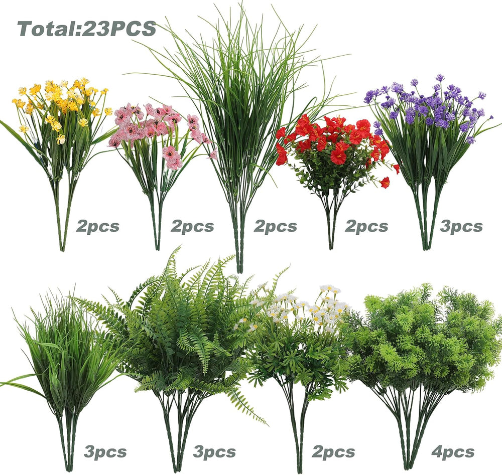 23PCS Artificial Plants Outdoor, Faux Flowers & Greenery Stems for Outside