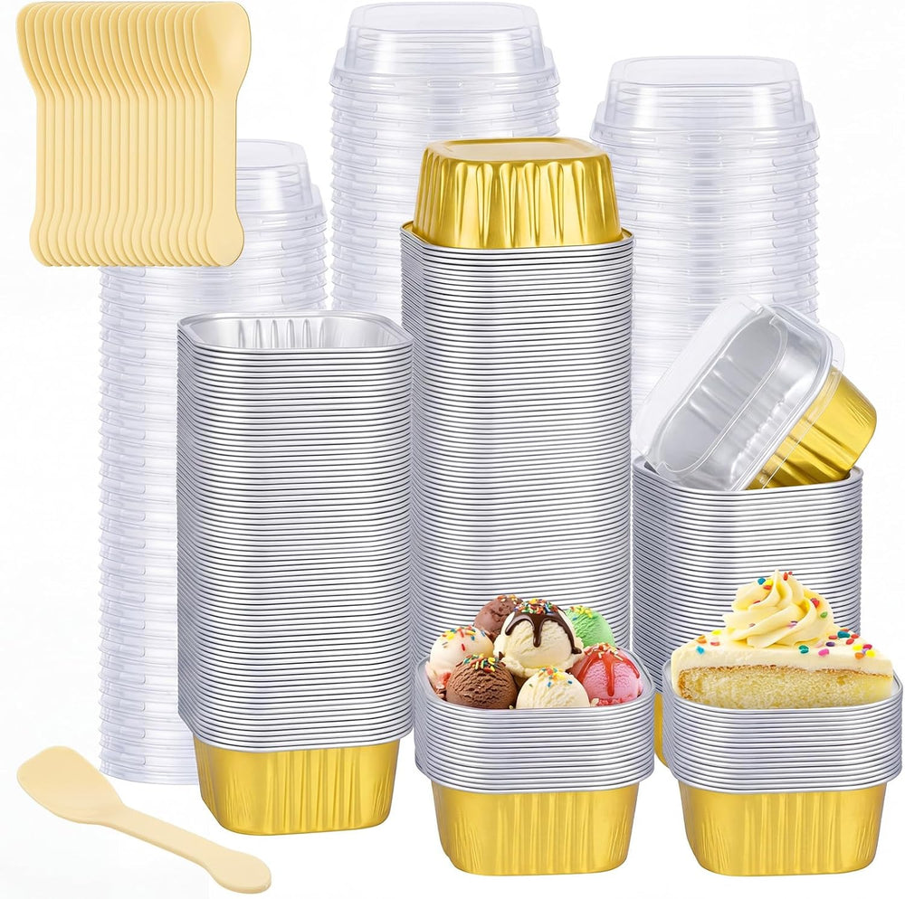 Hushee 300 Set Aluminum Foil Baking Cups with Lid Spoons, Square, Gold
