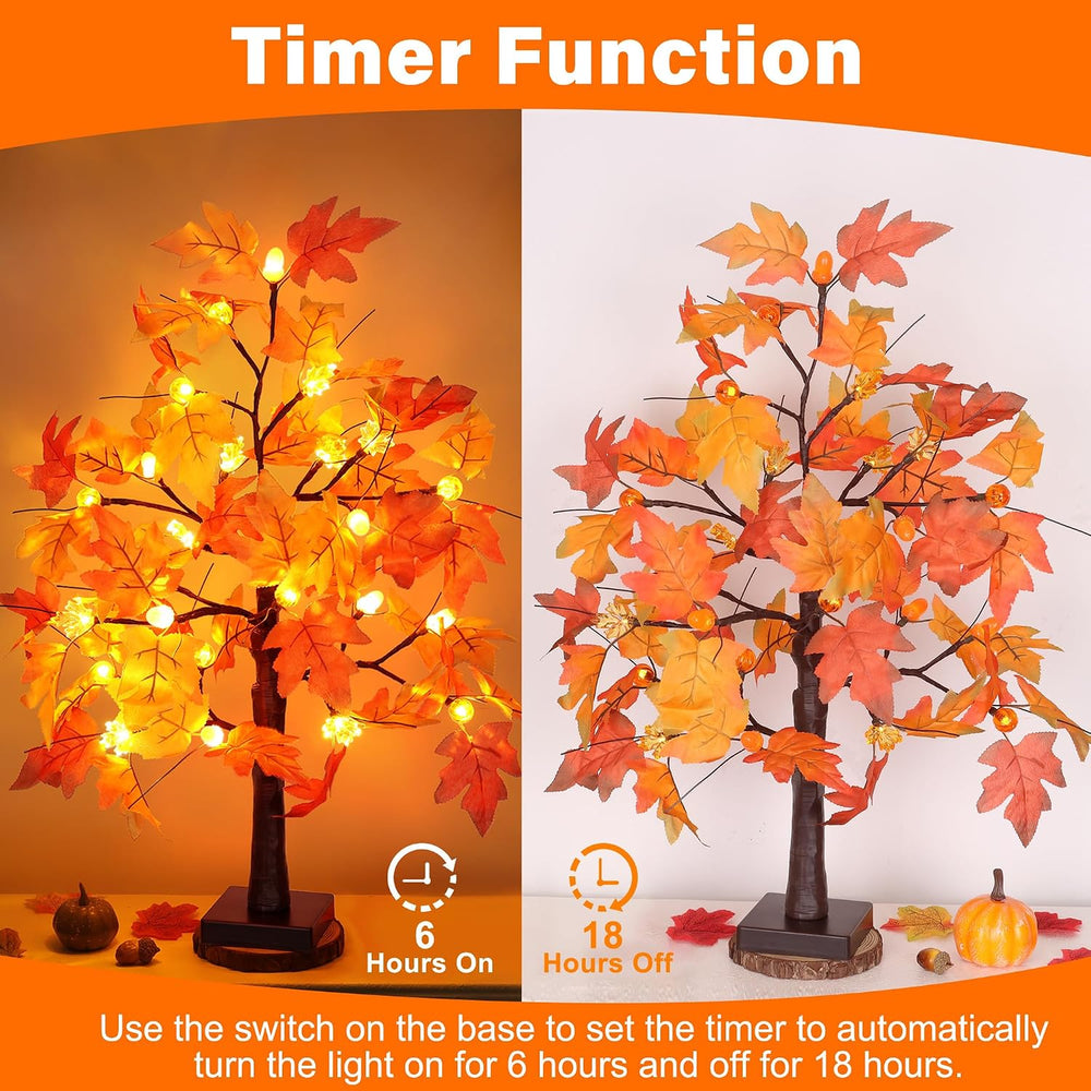 2 Pack 24 Inch Fall Maple Tree with 48LED Thanksgiving Table Decorations Batt...