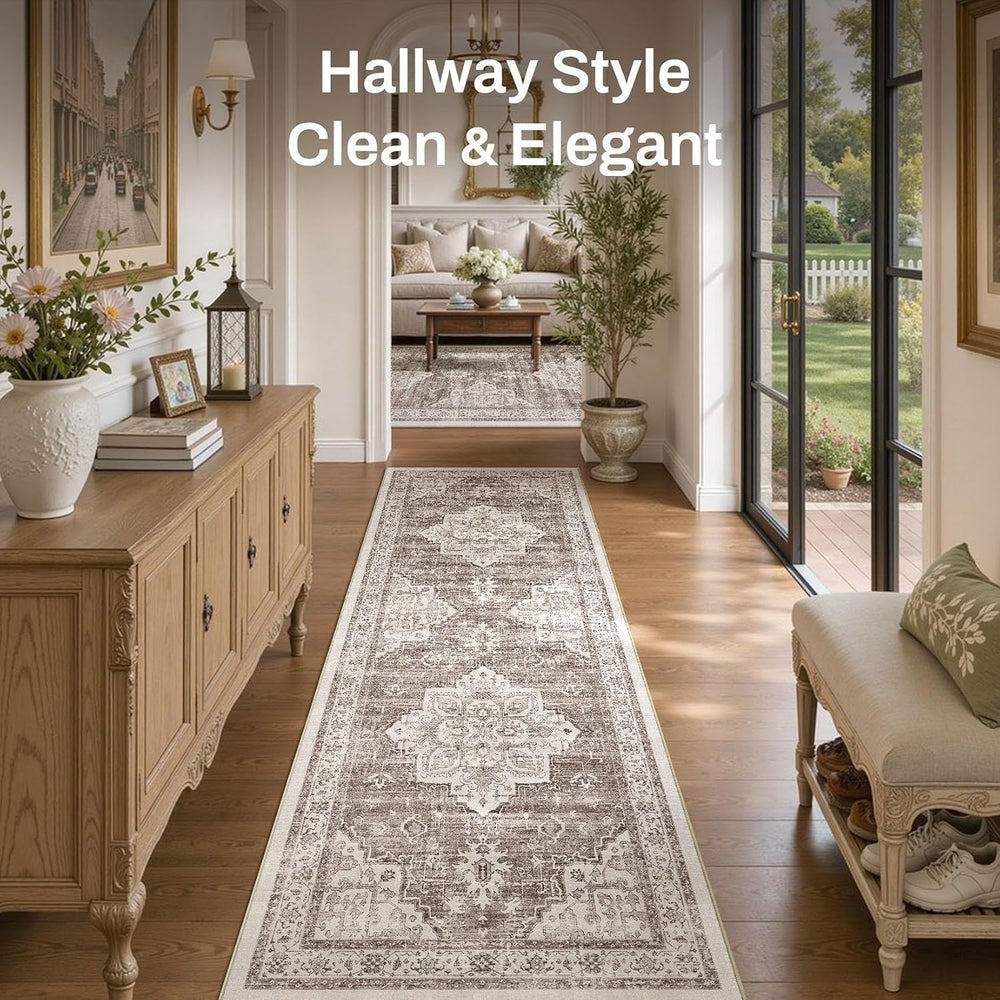 Washable 3x8 Runner Rug: Non Slip Vintage Tea Brown Entry Area Rug