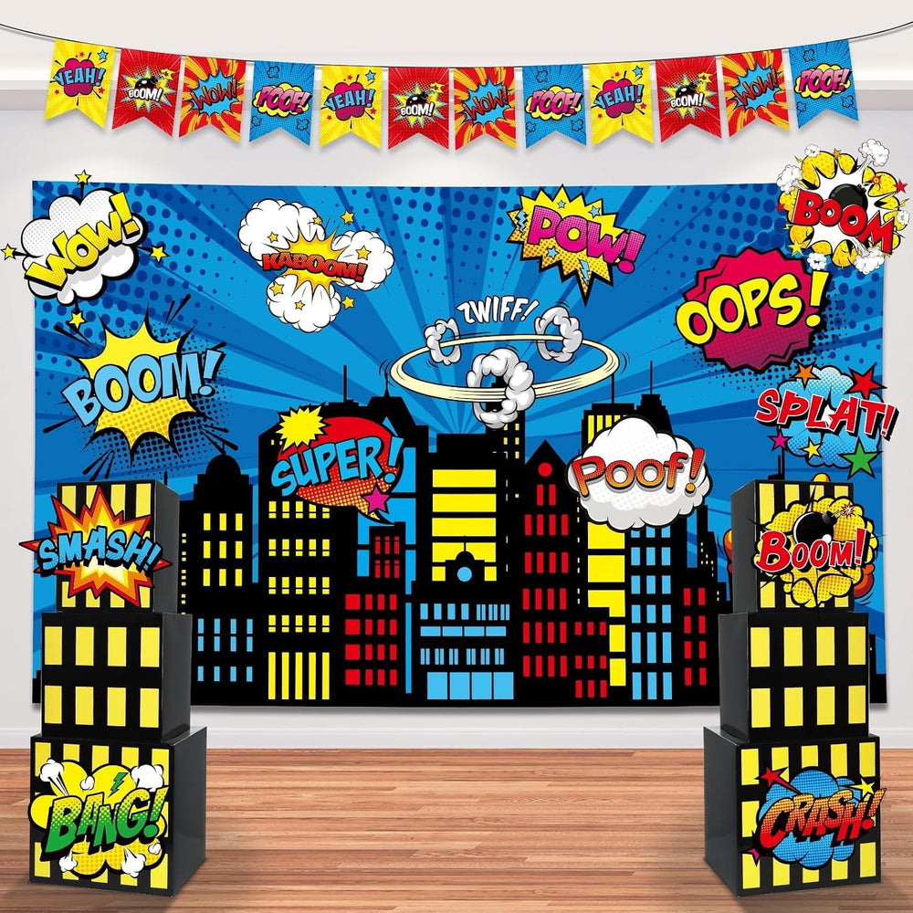 17Pcs Super Theme Hero Party Photography Backdrop for Hero Birthday Decoratio...