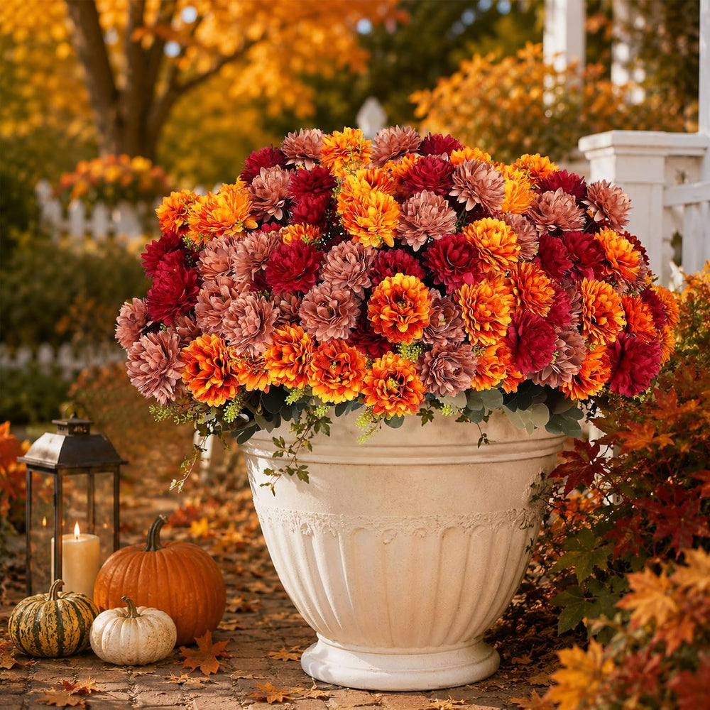 12 Pcs Fall Artificial Mums Flowers, Orange Burgundy Brown Faux Mums Bouquet ...