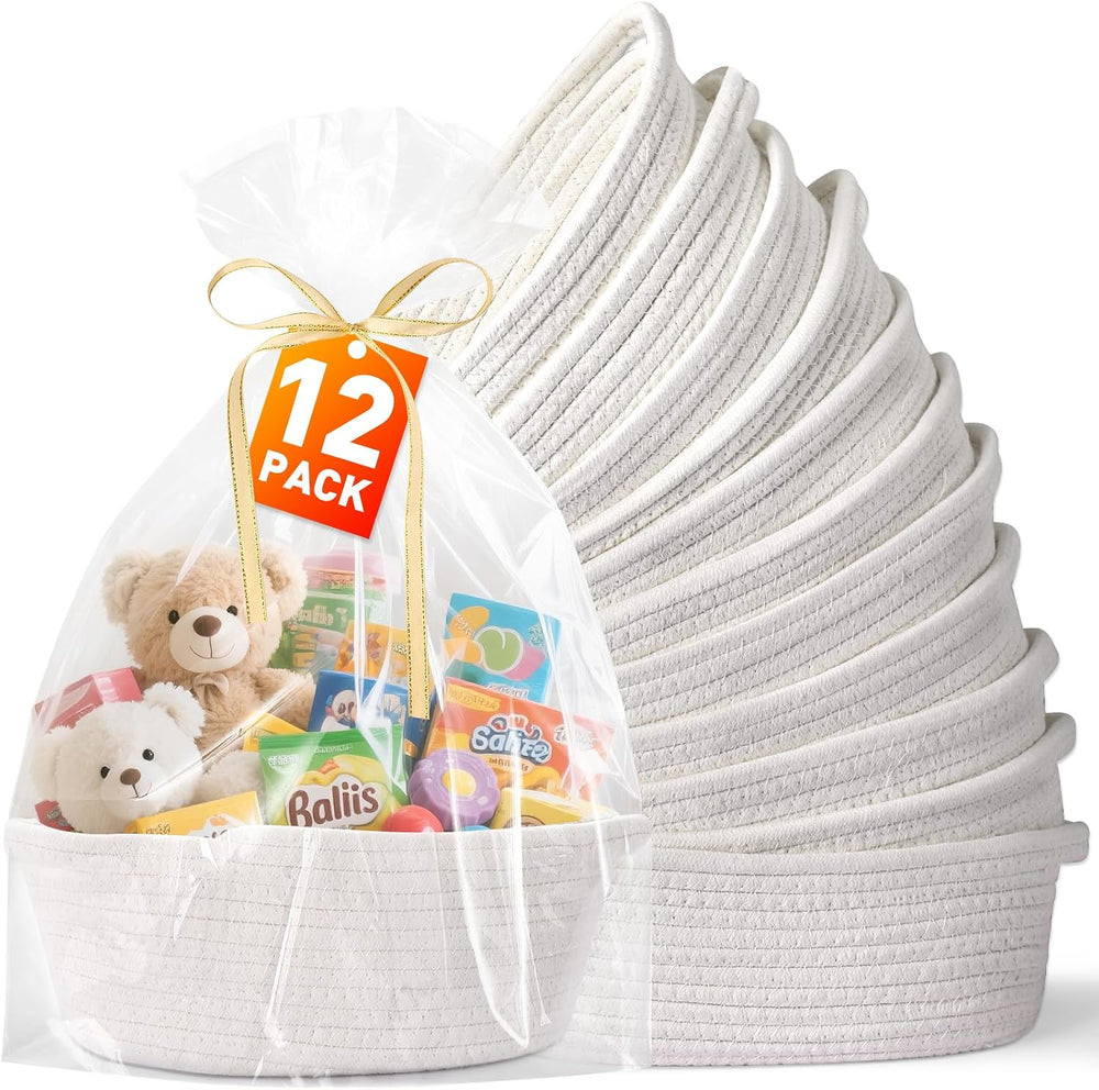 Small Woven Gift Baskets, 12 Pack White Rope Baskets with Gift Bags