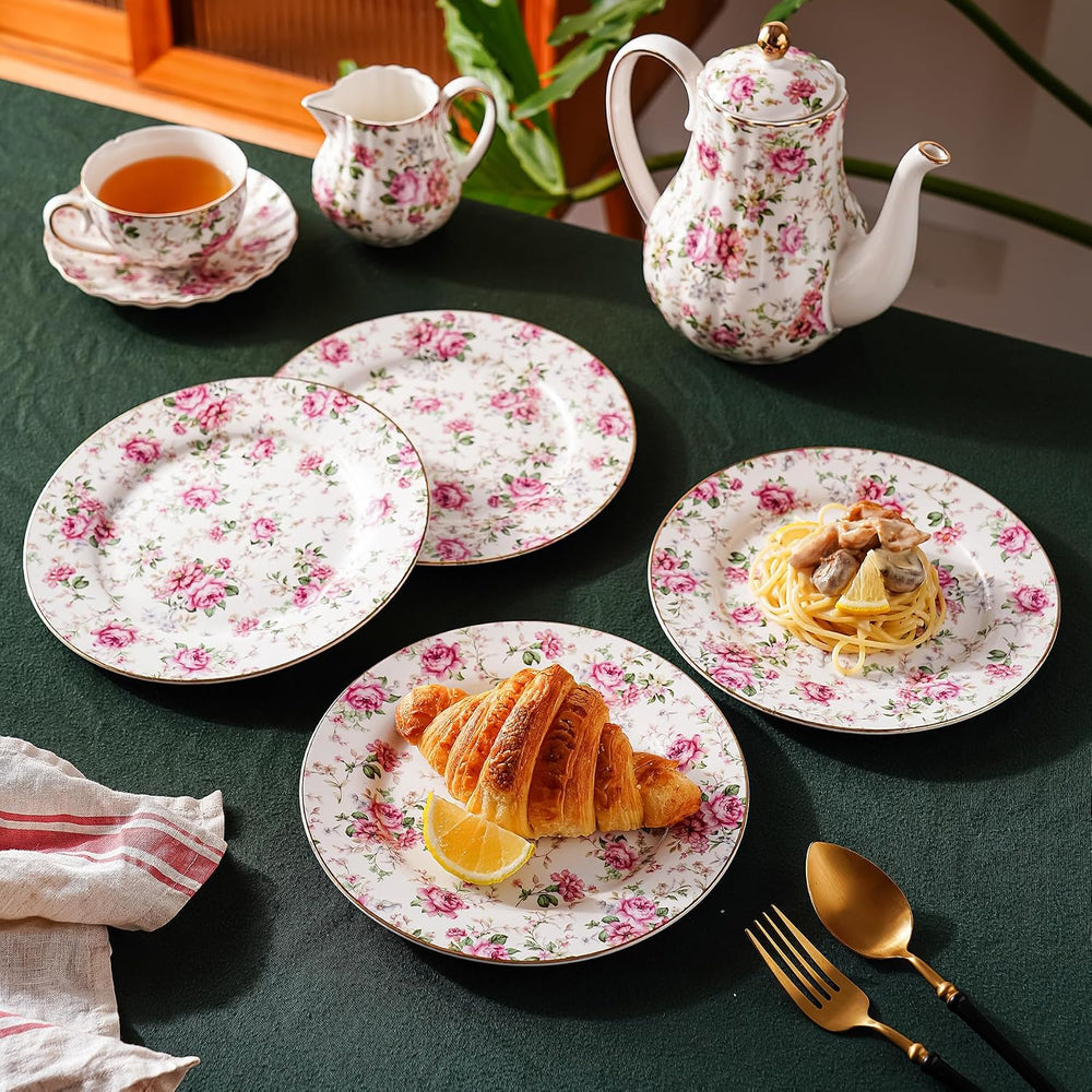 Porcelain Floral Plates, 8in Set of 4 Round Small Appetizer Dessert Plates fo...
