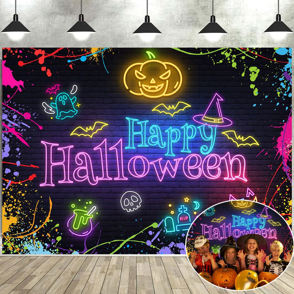 Happy Halloween Backdrop Neon Halloween Colorful Splatter Graffiti Decor
