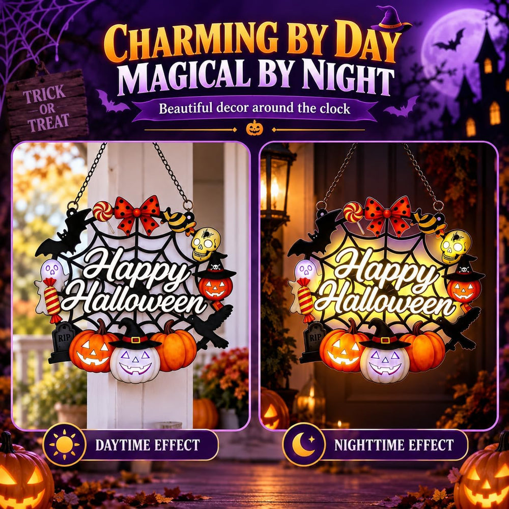 Happy Halloween Acrylic Hanging Sign for Front Door (Pumpkin Spider Light)