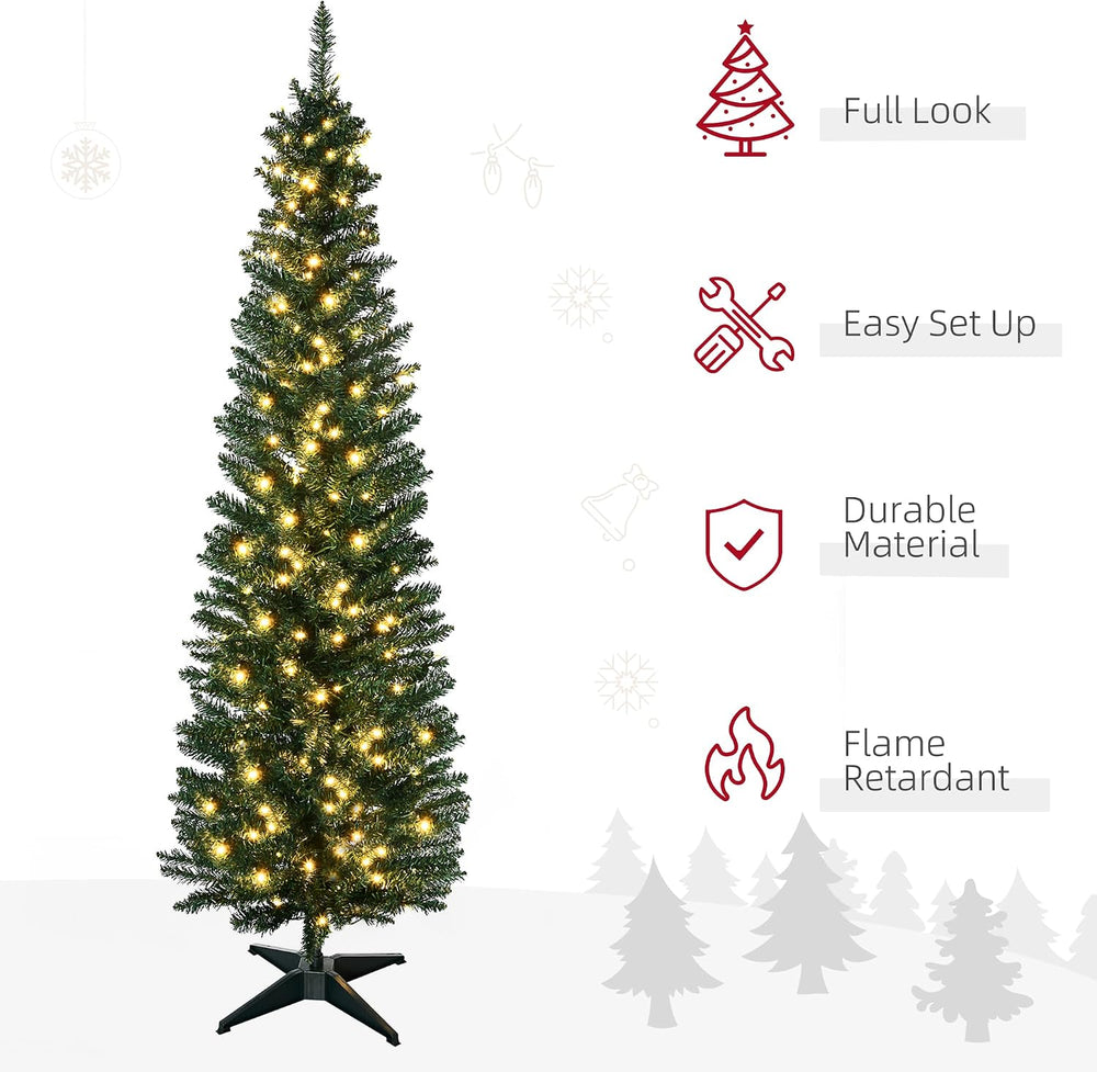 HOMCOM Noble Fir Artificial Pencil Christmas Tree Prelit 6' Green