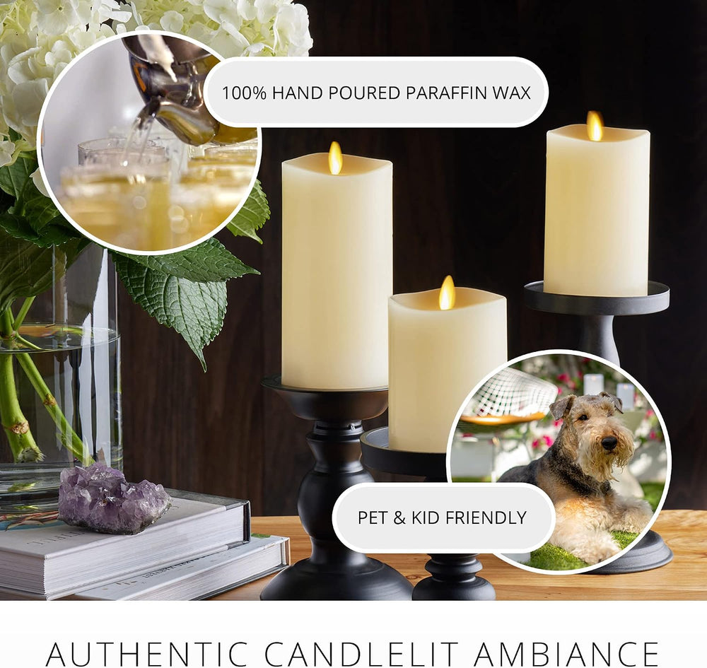 Luminara Realistic Flameless LED Set of 3 Ivory Pillar Candles, Home Safe Mov...