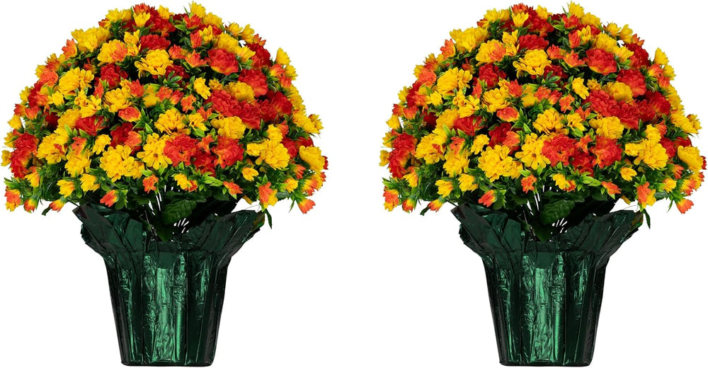 Artificial Fall Mums, Sunset Orange Weighted Pots, 2 Pack