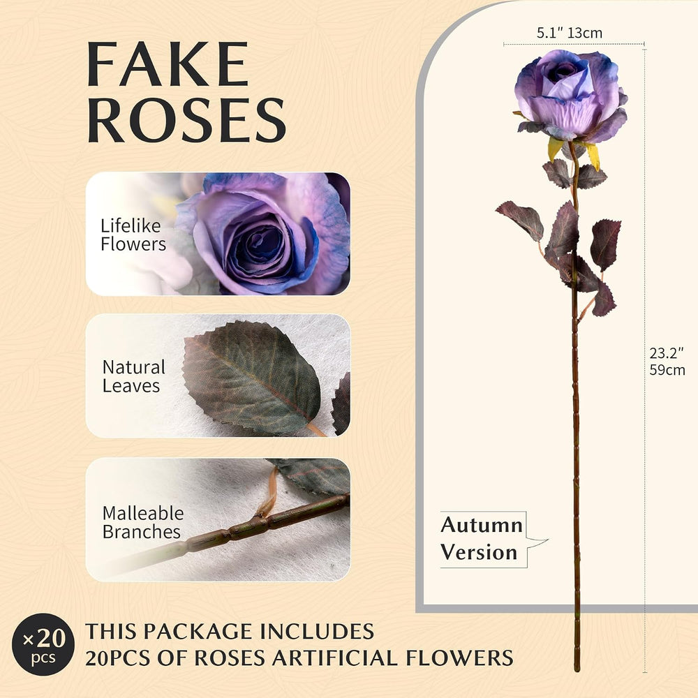 Fall Flowers Artificial Roses, 20PCS, Dreamy Purple, 23.2" Long Stem Fak...