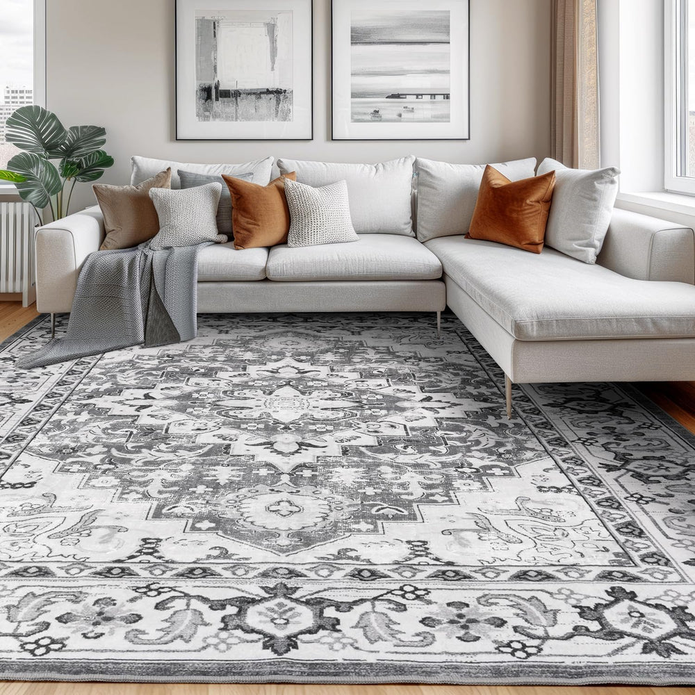 Lessymo 8 x 10 Area Rugs for Living Room, Machine Washable Rug Grey White