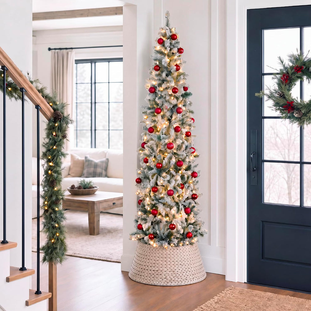 Best Choice Products 7.5ft Flocked Pencil Christmas Tree w/Twinkling LEDs, Pr...