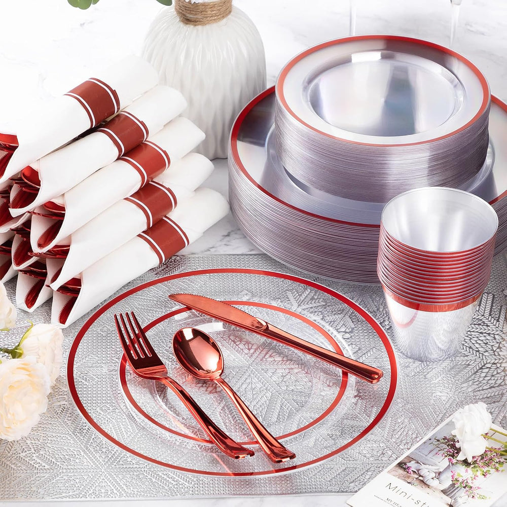 350 Pcs Clear Red Plastic Dinnerware Sets for Party for 50 Guests