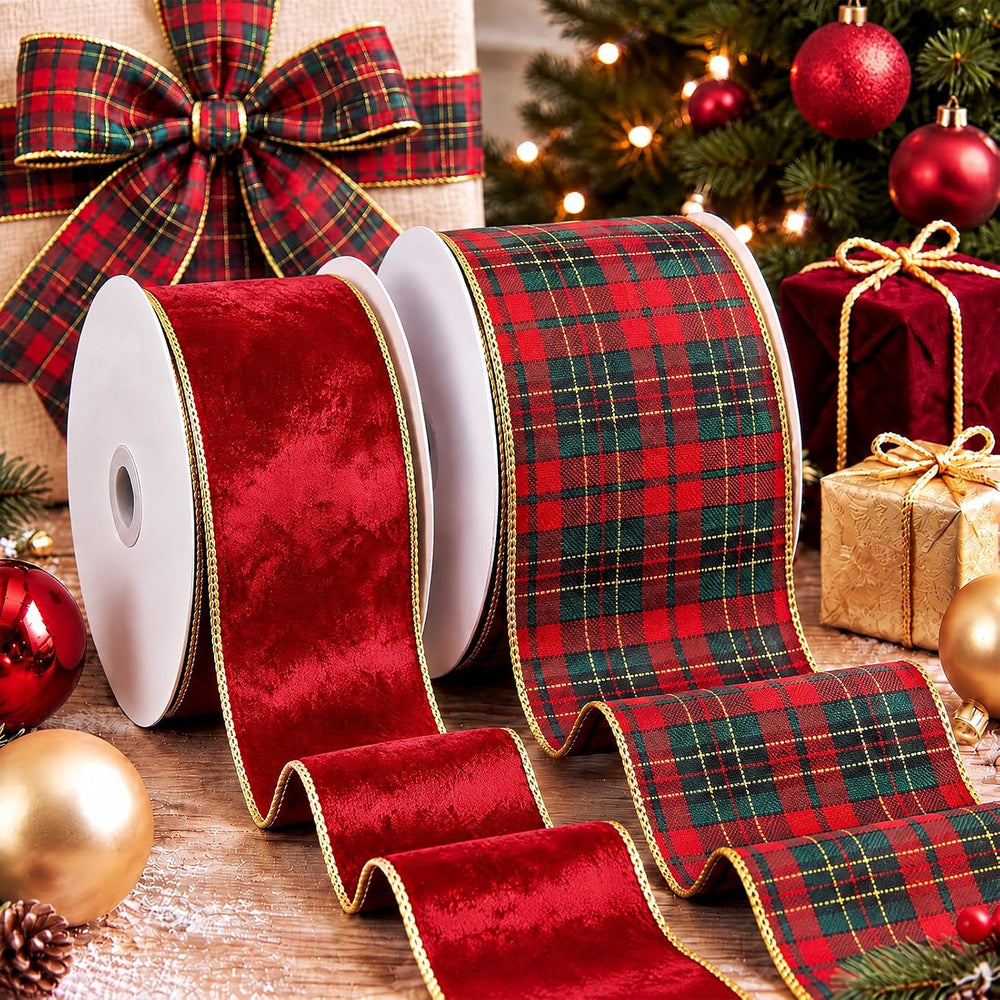 Dilunave 2 Rolls Christmas Wired Ribbon, 4 Inch 2.5 Inch 30Yards, Red