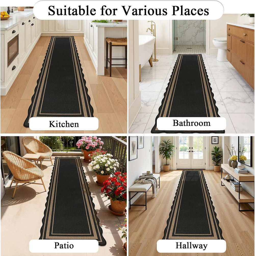 SHACOS 2x8 ft Washable Runner Rug Scalloped Black