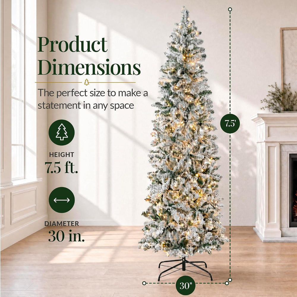 Best Choice Products 7.5ft Flocked Pencil Christmas Tree w/Twinkling LEDs, Pr...