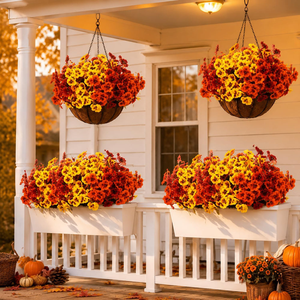 2 Set Fall Artificial Flower with Hanging Baskets for Autumn Outdoor Decor