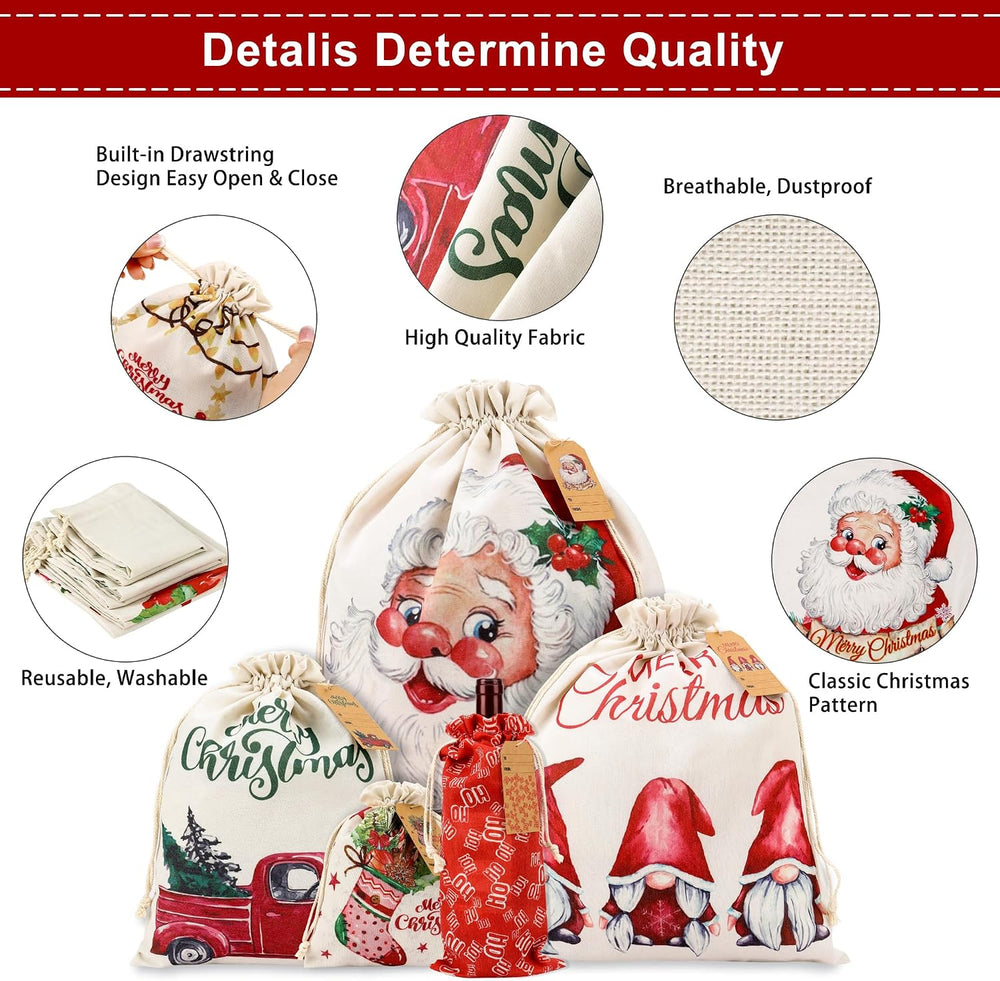12 Pack Fabric Christmas Gift Bags with Drawstrings, Assorted Sizes