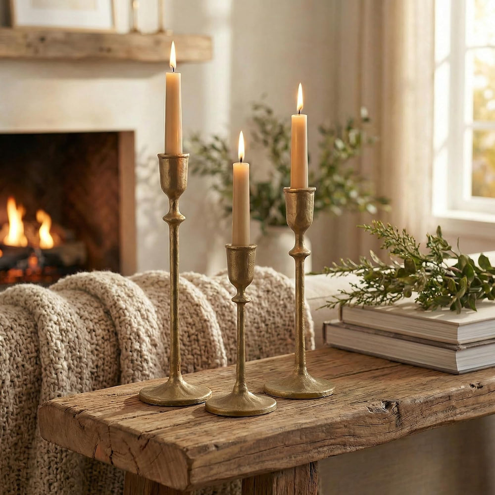 Antique Brass Gold Candlestick Holders Set of 3, Iron Taper Candle Holder