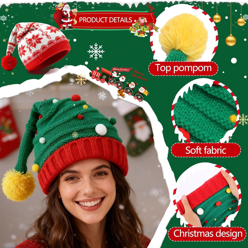 8PCS Christmas Knitted Hat and Santa Scarf Set, Elf Hat Crochet Christmas Sca...