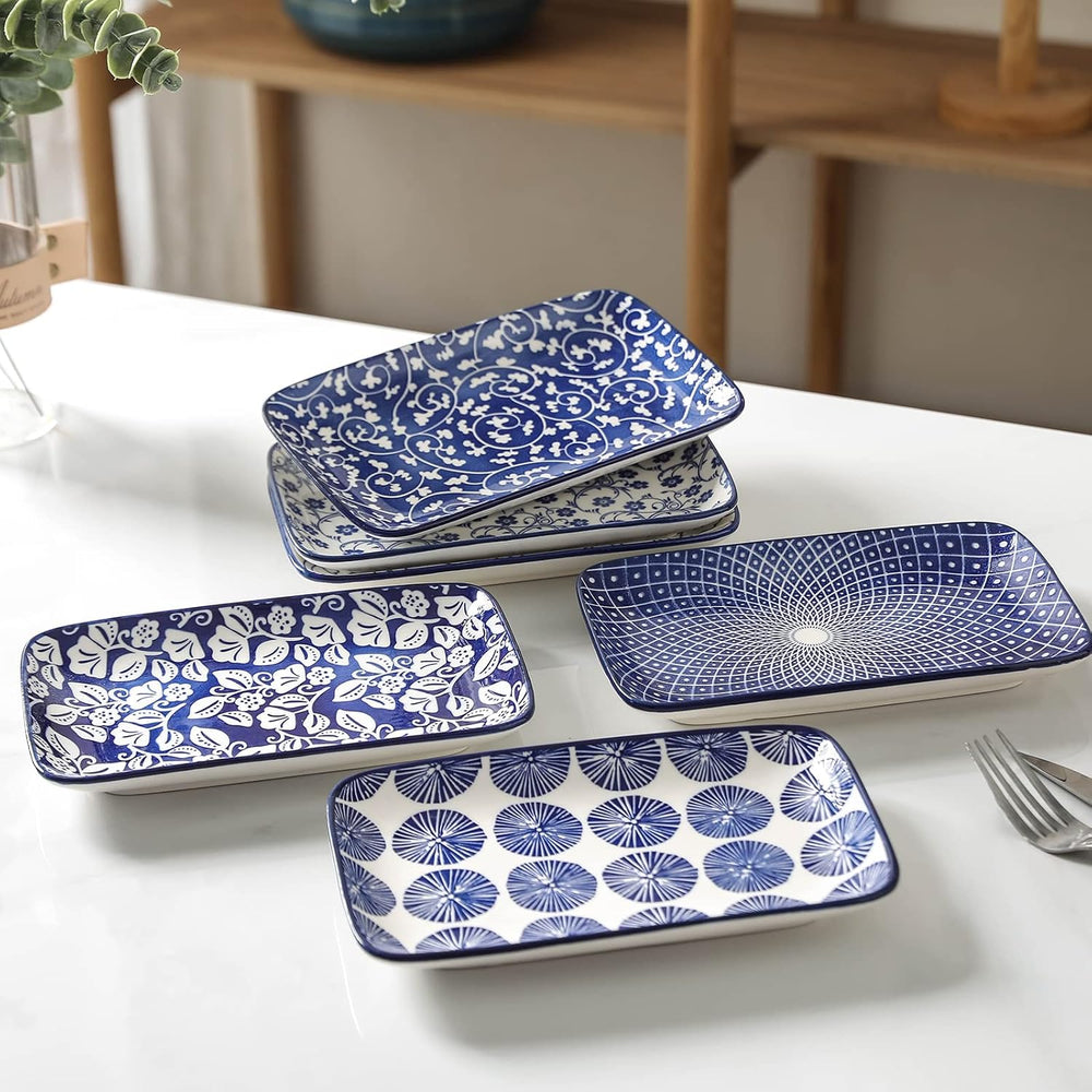 Selamica Ceramic 8 inch Rectangular Salad Plates Set of 6, Vintage Blue