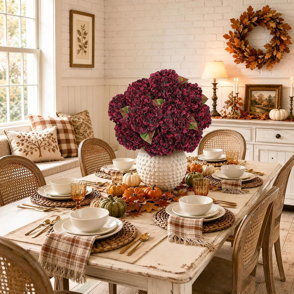 Hollyone Burgundy Hydrangea Artificial Flowers 2PCS Fake Fall Flowers Decor