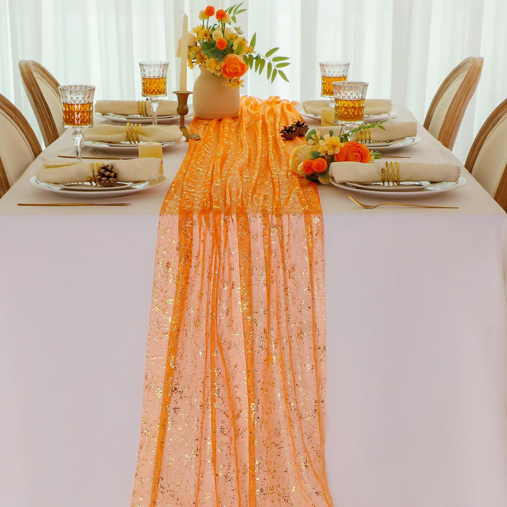 10Pcs Orange Gold Table Runner Metallic Foil Shimmer Sheer Gauze Decor 10ft