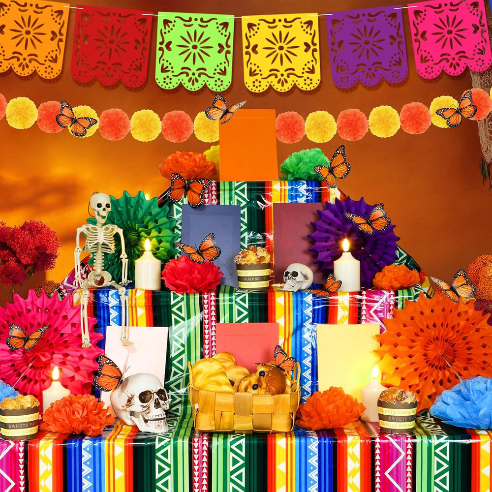Newwiee 79 Pcs Day of The Dead Altar Decorations Kit,Striped,Colorful