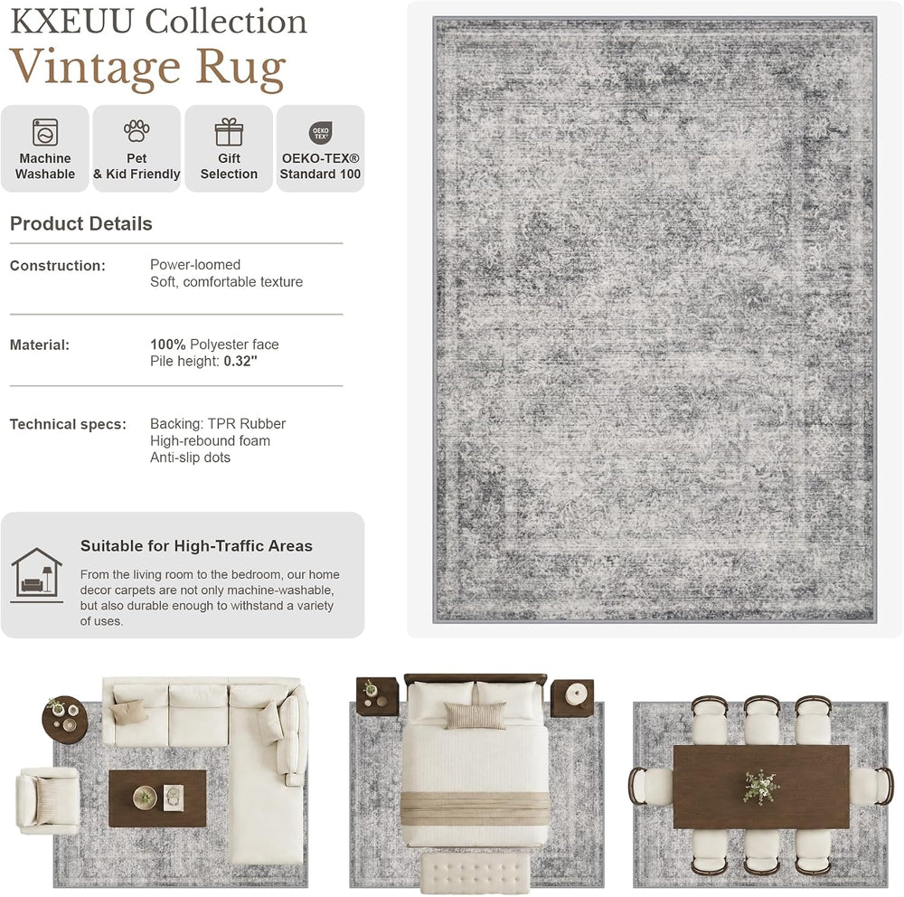 8x10 Area Rug Living Room:Washable Vintage Abstract Carpet Black Grey