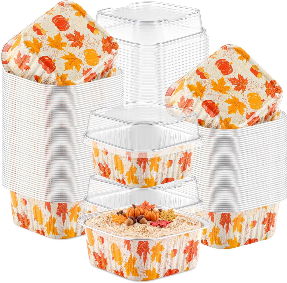 Potchen 100 Pack 5 oz Fall Mini Cake Pans with Lids, Pumpkin Maple Leaf