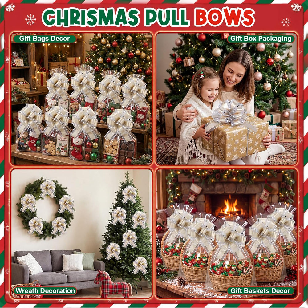 48 Pcs 6 Inch Xmas Pull Bows for Gift Wrapping, Silver