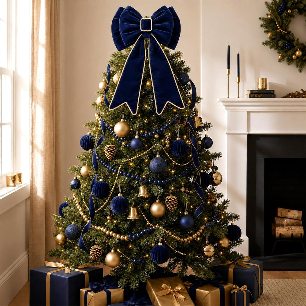 30'' Navy Blue Christmas Tree Topper Velvet Bows Decor with Gold Trim