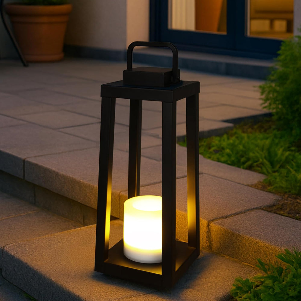 H16 Modern Outdoor Solar Lantern Black Metal Frame with Flickering LED Candle...