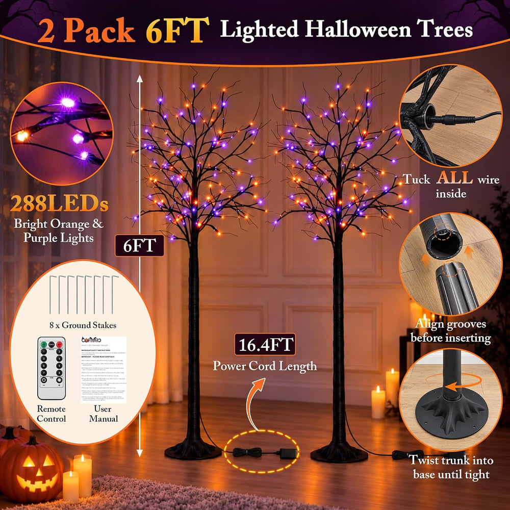 Cofiyard 2 Pack 6FT Halloween Tree with Lights, Total 288 LED Purple & Or...
