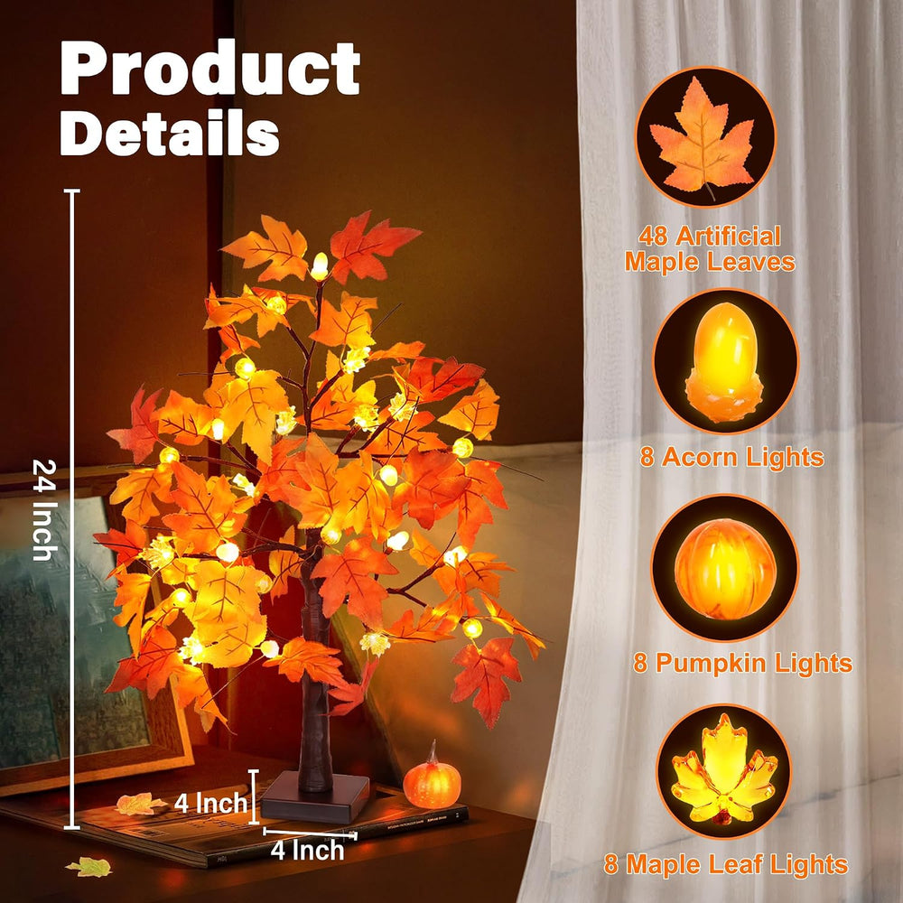 2 Pack 24 Inch Fall Maple Tree with 48LED Thanksgiving Table Decorations Batt...