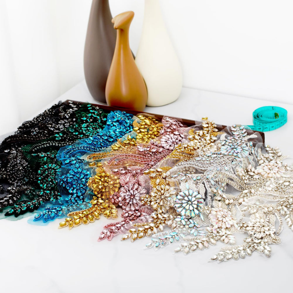 Pair Handmade Shining Crystals Rhinestones DIY Clothing Applique Patches, Sew...