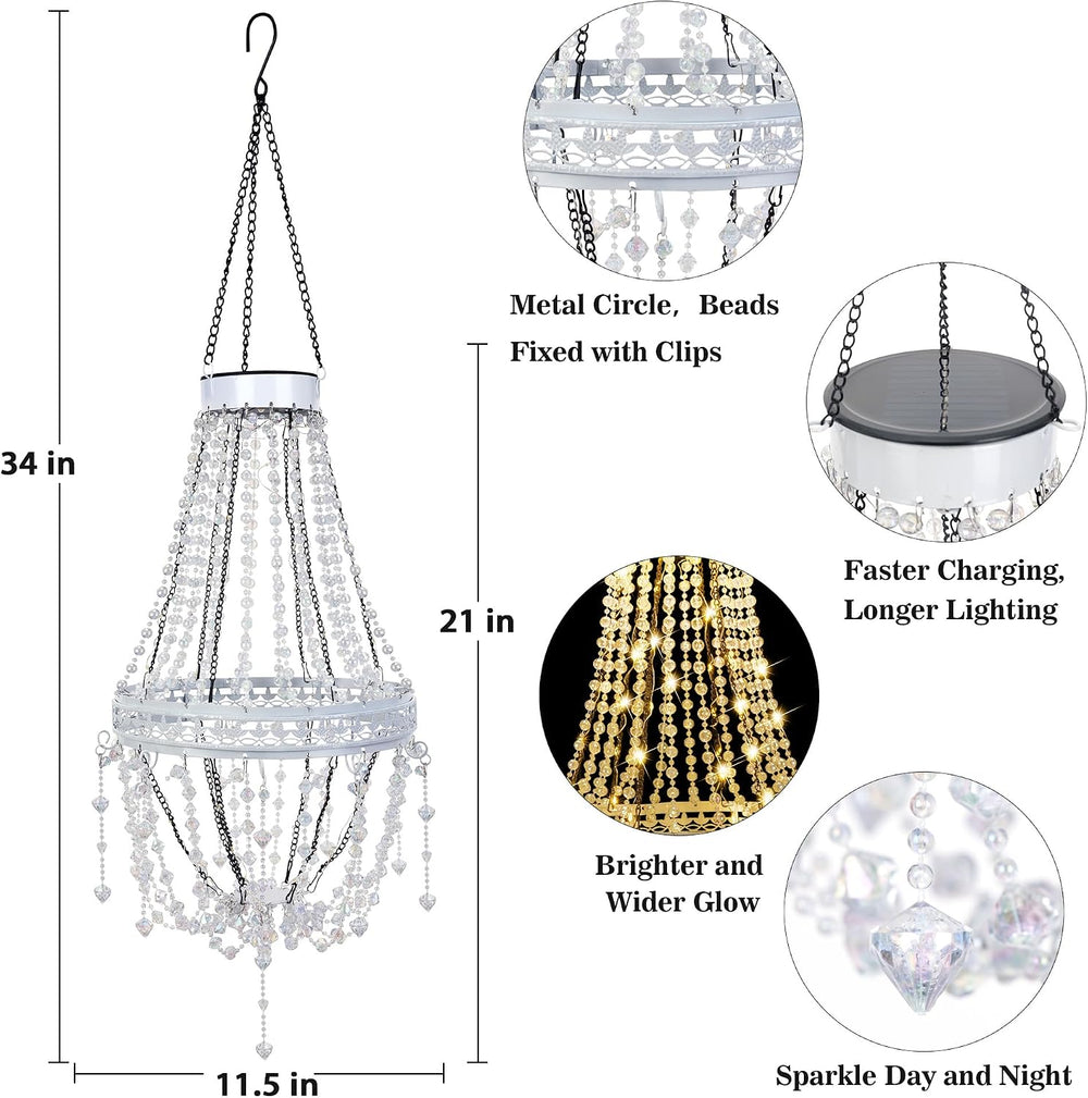 Solar Chandelier Outdoor, Crystal Hanging Solar Garden Lights Waterproof