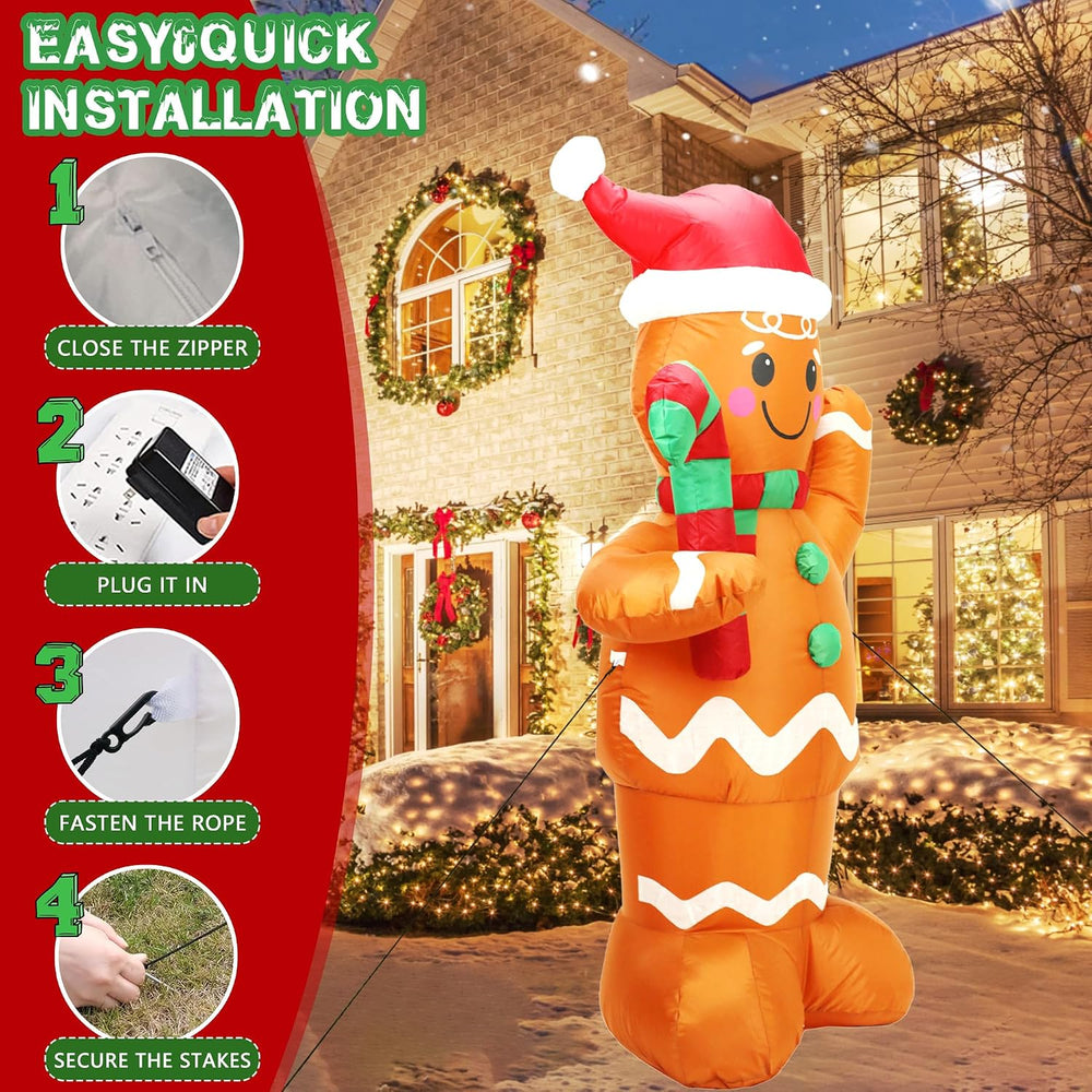 5FT H Lovely Christmas Inflatable Gingerbread Man with Candy Cane, Blow up Gi...